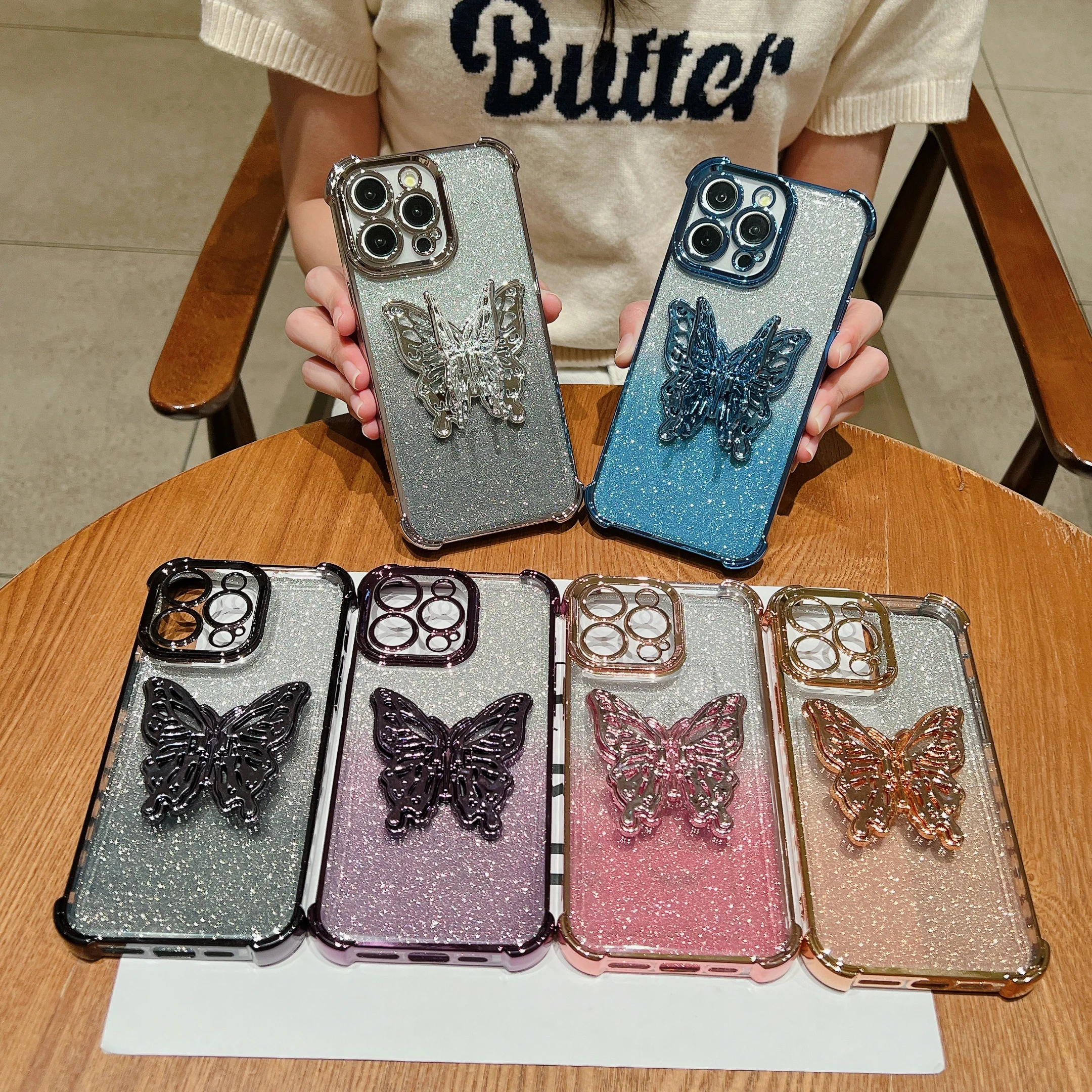 Étuis de téléphone de placage de support de papillon pour iPhone, coque arrière antichoc, protection à paillettes dégradées, iPhone 15 14 Pro Max 13 12 11