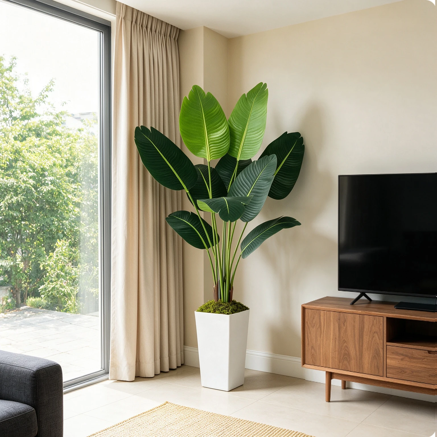 125cm Bird of Paradise Artificial Plant 5FT - Faux Tropical Palm Tree with White Tall Planter - Fake Floor Plant Potted - Artificial Silk Tree for Home Office Living Room Decor Indoor