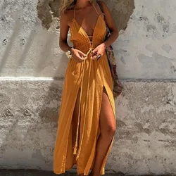 Women Sexy V Neck Tie-up Halter Dress Women Spring Solid Hollow Split Boho Long Dress Summer Sleeveless Backless Chic Maxi Dress