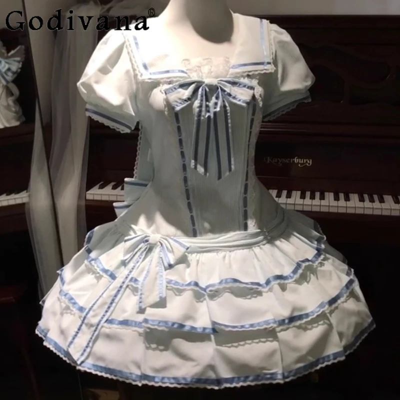 

Blue and White Navy Style Striped Dress for Women OP Puff Sleeve Lolita Dress Female Summer Bow Tiered Cake Princess Dress