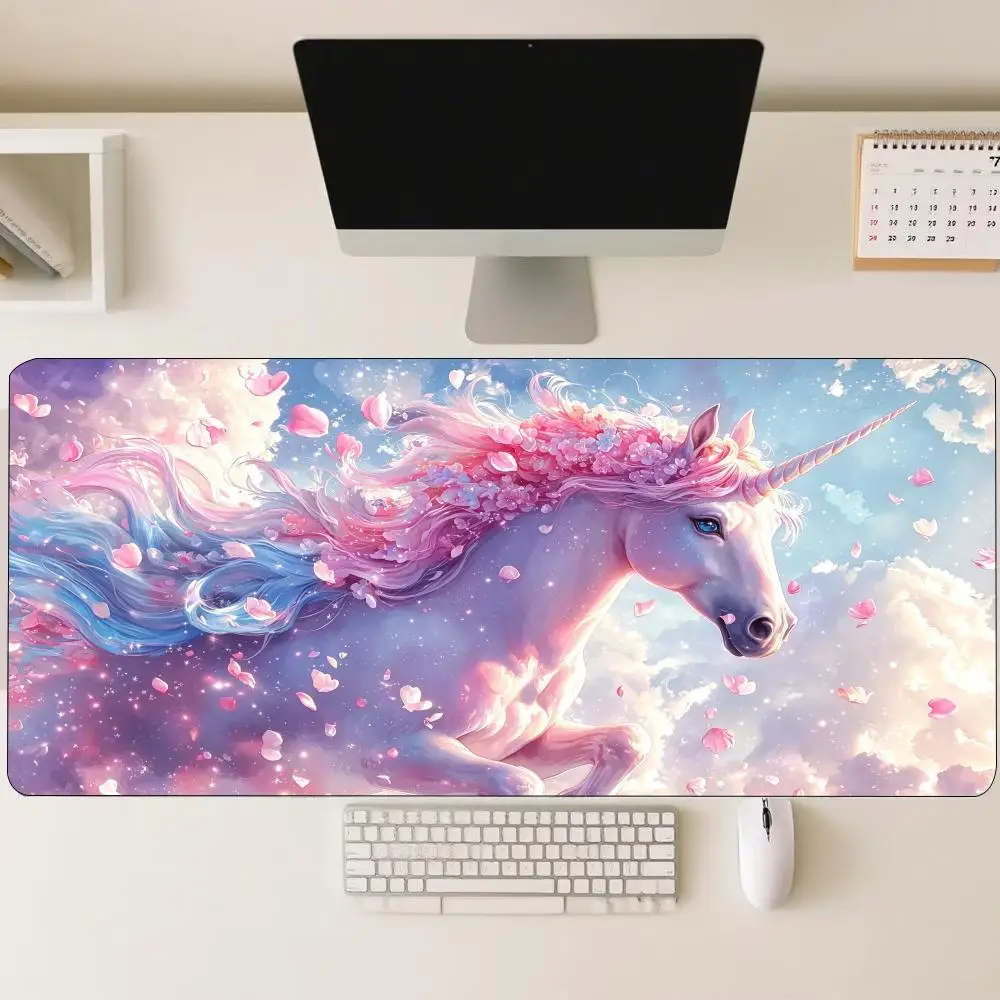 Purple Unicorn Floral Crown Extra Large Gaming Mouse Pad XXL Desk Mat Non Slip Rubber Base Stitched Edge for Fantasy Art