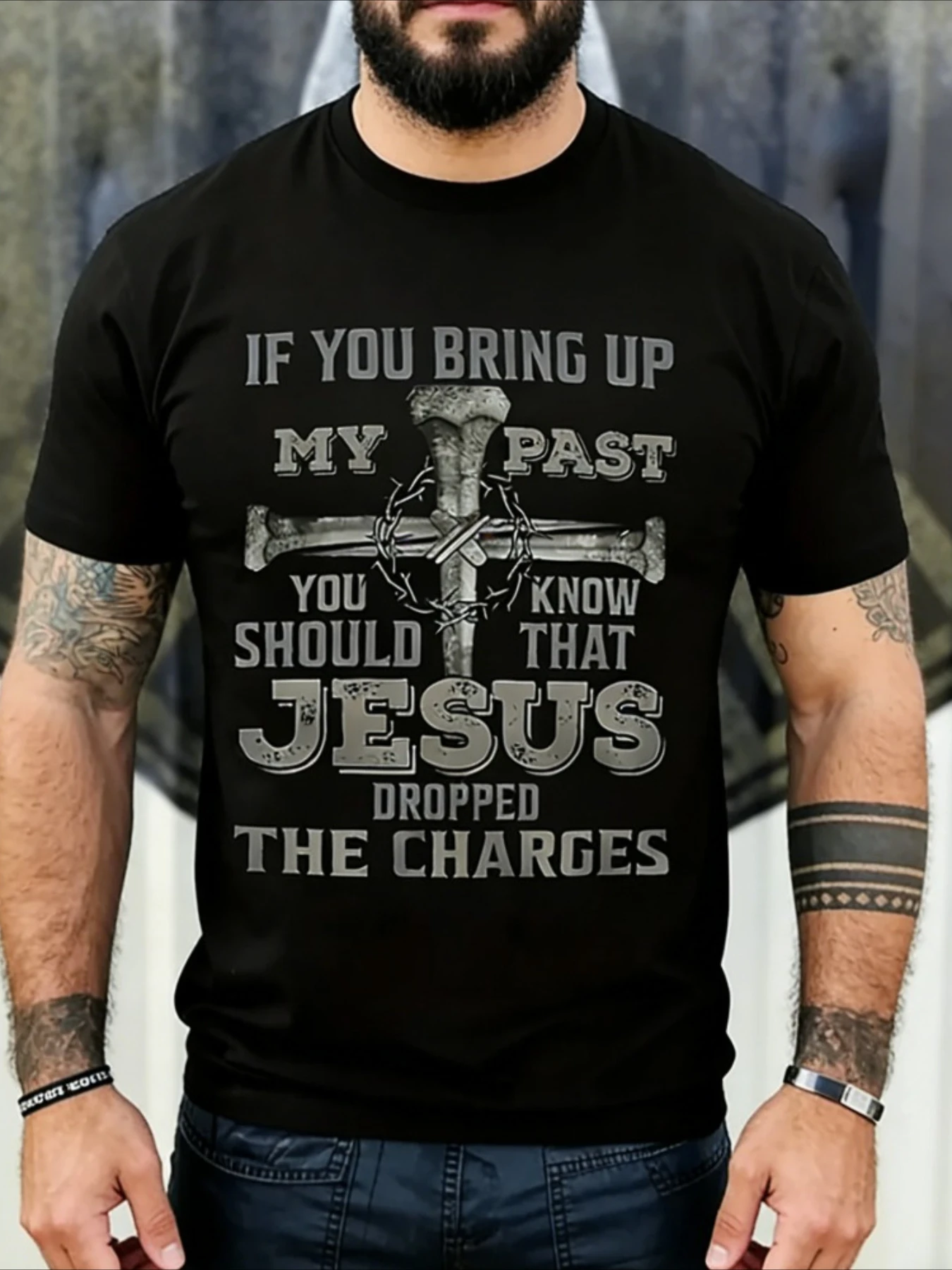 Men'S Christian Graphic T-Shirt - Features a Back Print of a Cross Surrounded by Barbed Wire Along with The Bible Verse 'Dropped