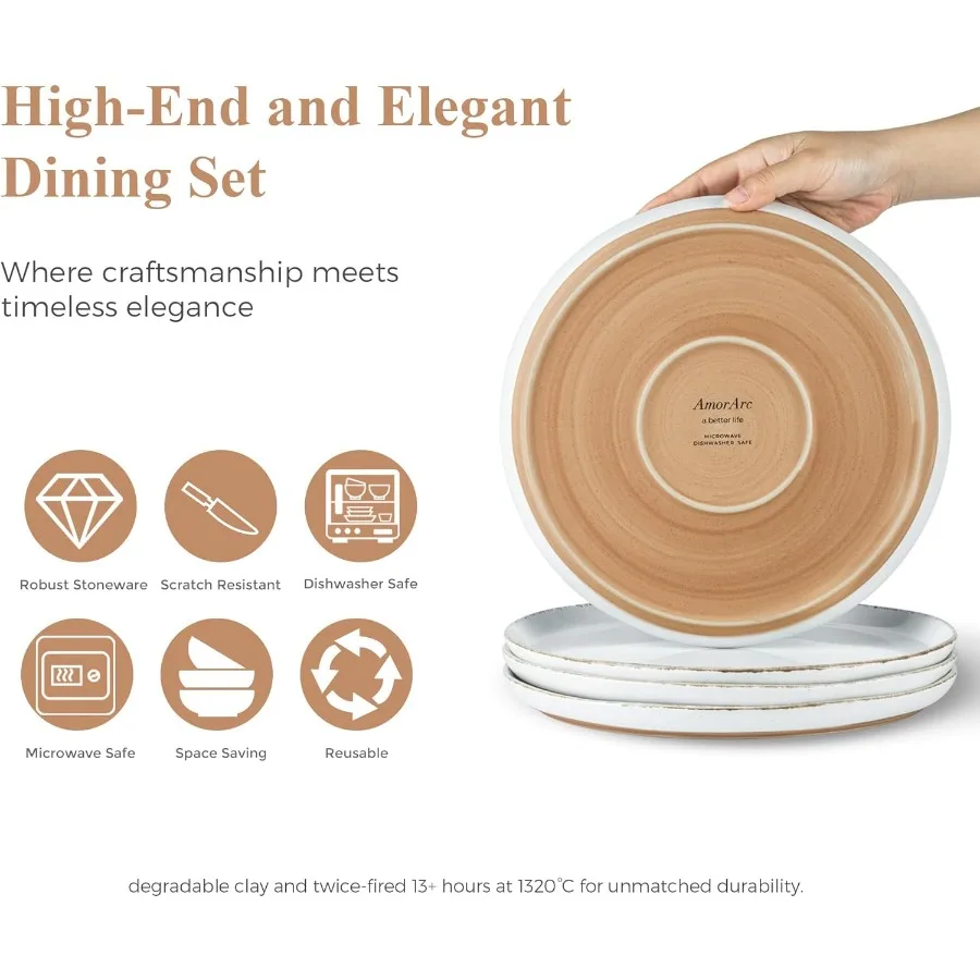 Набор керамической посуды из 18 предметов для 6 каменных тарелок и мисок с ручной росписью и мисками с деревенской терракотовой подкраской Res