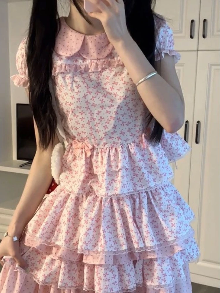 

Harajuku Sweet Cute Peter Pan Collar Short Sleeve Top Women+ Summer High Waist Pink Cake Skirts 2025 New Two Piece Sets