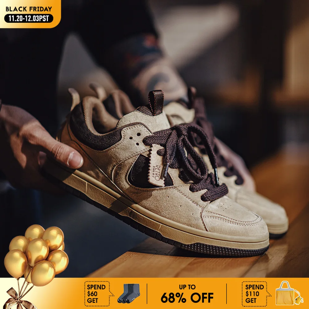 

Maden Vintage Color-Block Skateboard Shoes Men's Breathable Chunky Sole Casual Sneakers Lace-Up Trendy Shoes for Spring and Fall