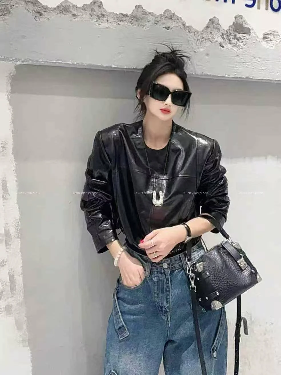 

Ning 2025 New Sle Women's Leather Jaet eepskin Genuine Leather Long Sve Zipper Closure Luxury Feel Coat