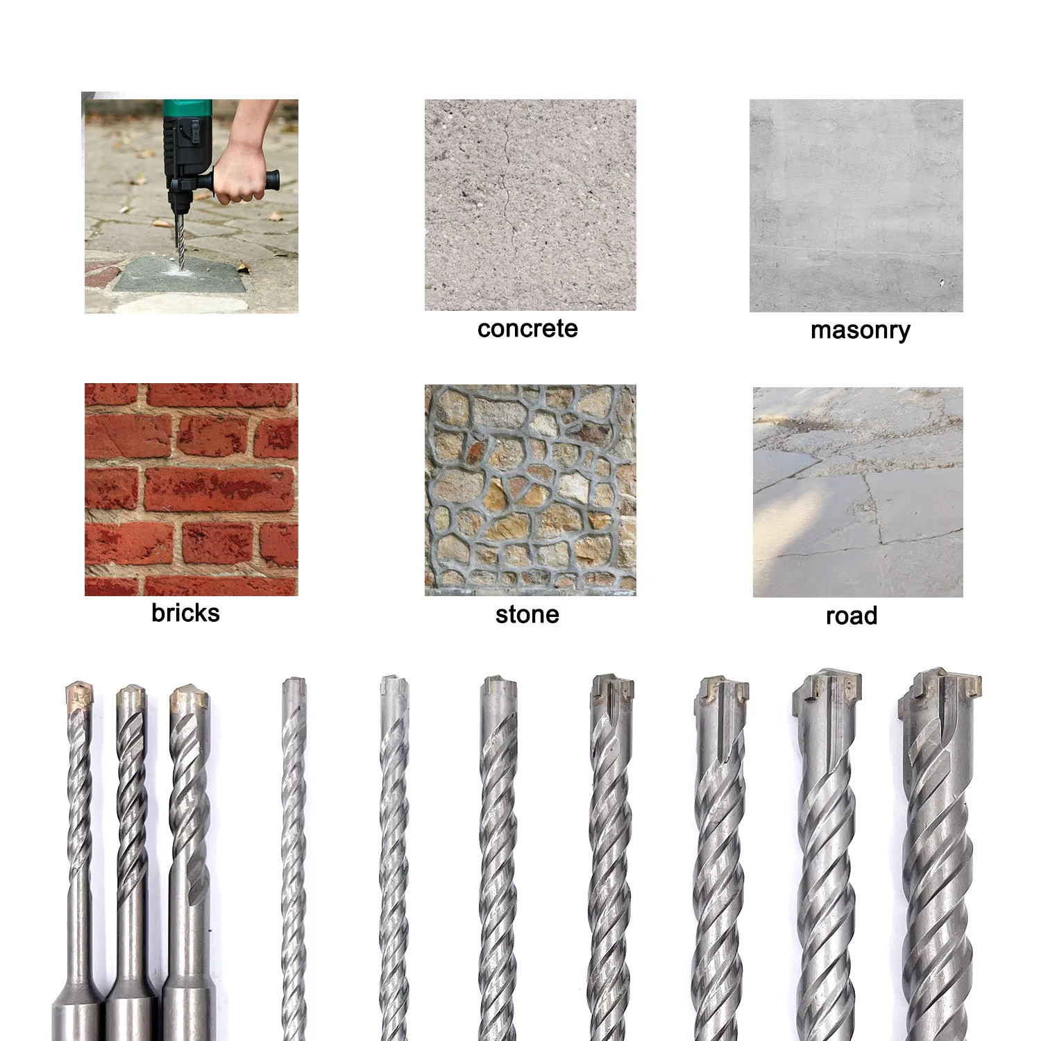 10 Pieces Carbide-Tipped SDS-Plus Rotary Hammer Drill Bit Set for Concrete，Brick,Block,Stone,Masonry