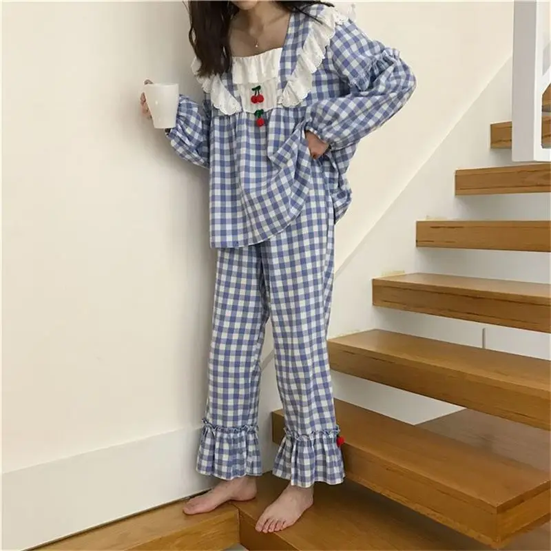 Plaid Sleepwear Women Pajama Sets Lace Piiama Autumn Pants Sets for Women 2 Pieces Long Sleeve Night Wears Cherry Home Suit New