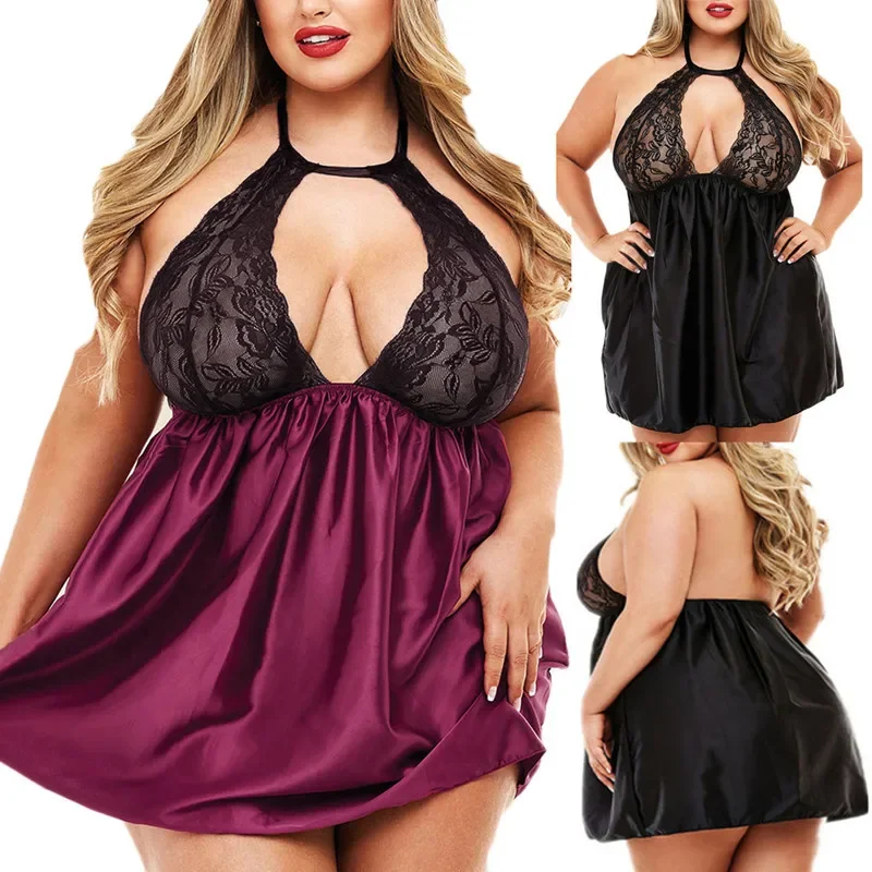 Lingerie sexy en dentelle pour femmes, sous-vêtements grande taille, robe licou, pyjama évidé transparent, vêtements de nuit, vêtements de nuit