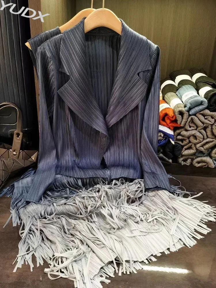 

YUDX Miyake Pleated 2 Piece High Quality Long Sleeve Jacket + Tassel Gradient V-Neck Dress Long Slim Set 2023 Autumn New