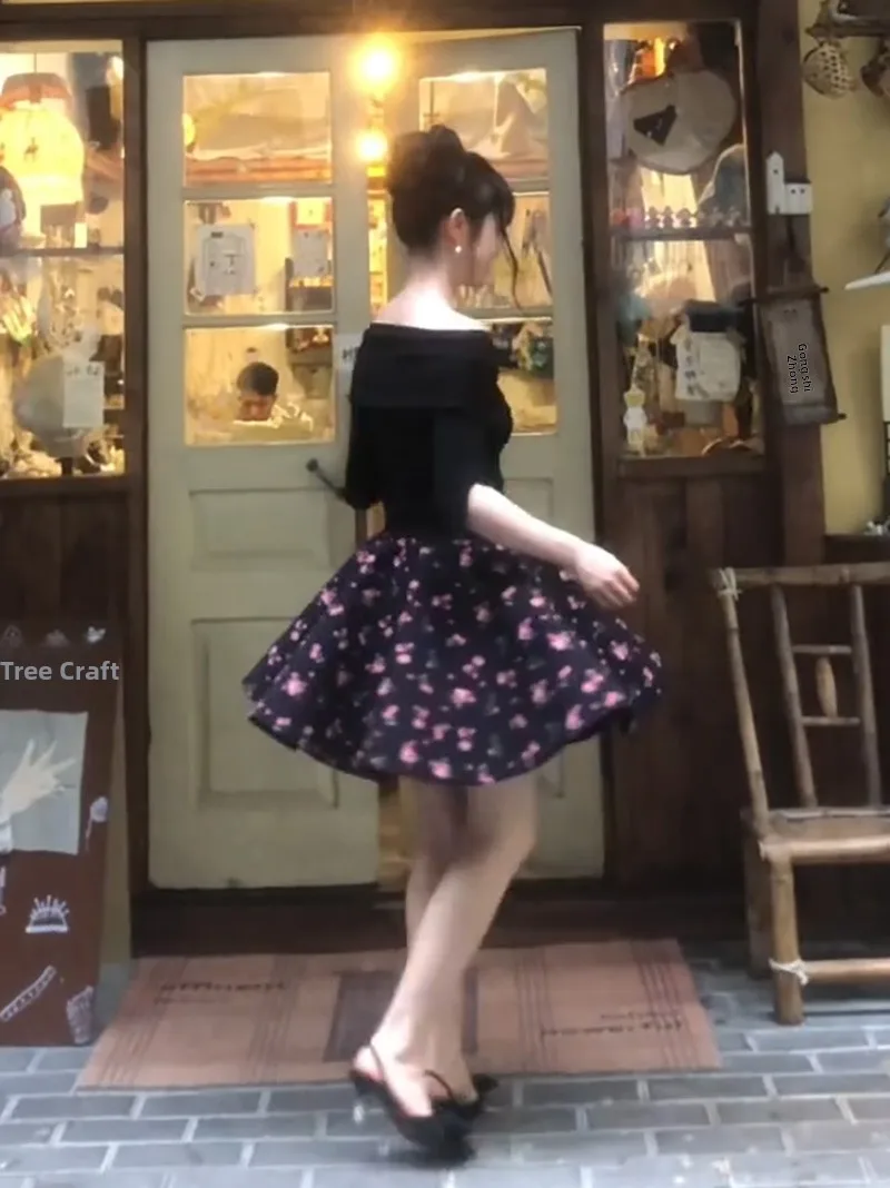 Retro Pure Desire Rose Floral Half Skirt Women's Summer Design Slimming Puffy Short Skirt French Style High Waist Casual Wear