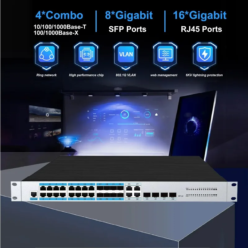 16-Port PoE 8-Port SFP Industrial  Managed Switch 4 Combo Ports Static Routing ERPS Ring Network 1U Rack Installation view 2