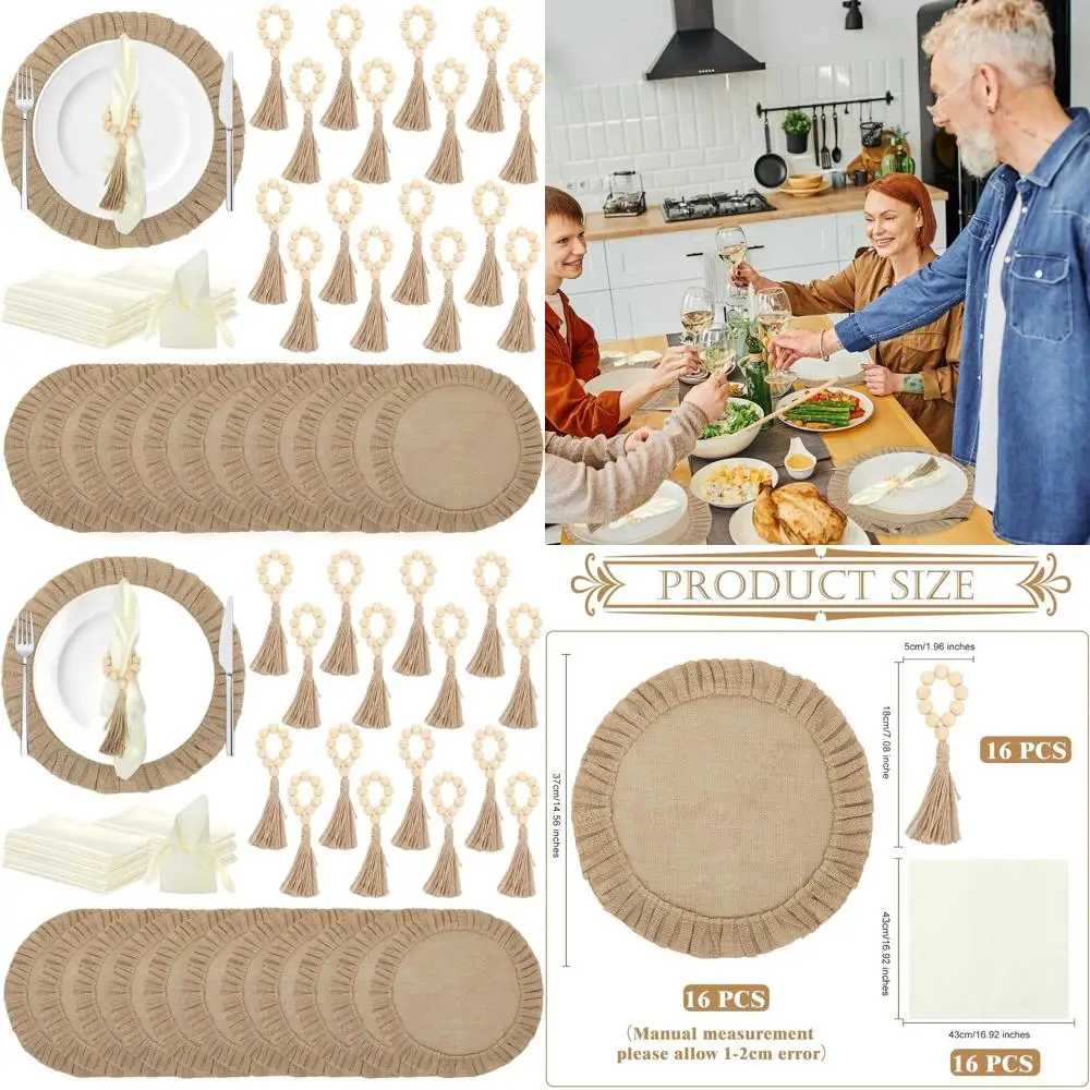 

Натуральные 15 салфеток из мешковины, набор из 48 штук с кольцами для салфеток из деревянных бусин, джутовые коврики в стиле бохо для свадеб и столовой в фермерском доме