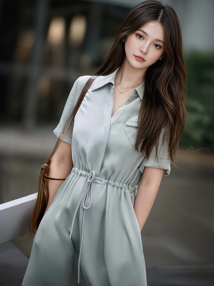 Vestido largo ajustado con lazo liso para mujer, vestido de oficina con cuello tipo Polo de manga corta, Vestidos coreanos elegantes de lujo 2025