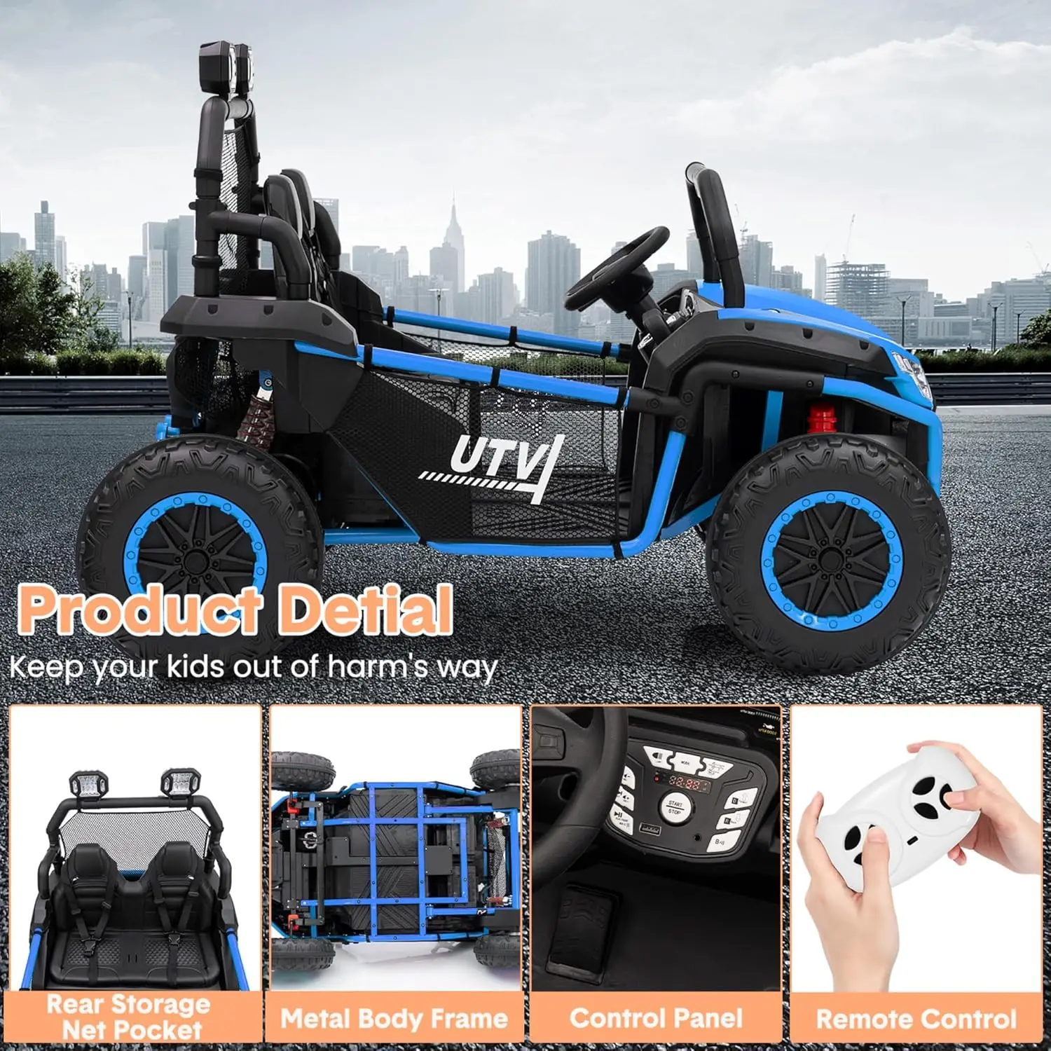 Véhicule électrique 2 places pour enfants de 3 ans, monter sur voiture UTV, avec télécommande Parent, moteurs 400 W, 4,5 MPH, suspension à quatre roues