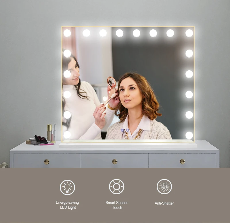 Customized Square Base Large Touch Sensor Switch Touch Screen with LED Light Make Up Makeup Hollywood Vanity Cosmetic Mirror