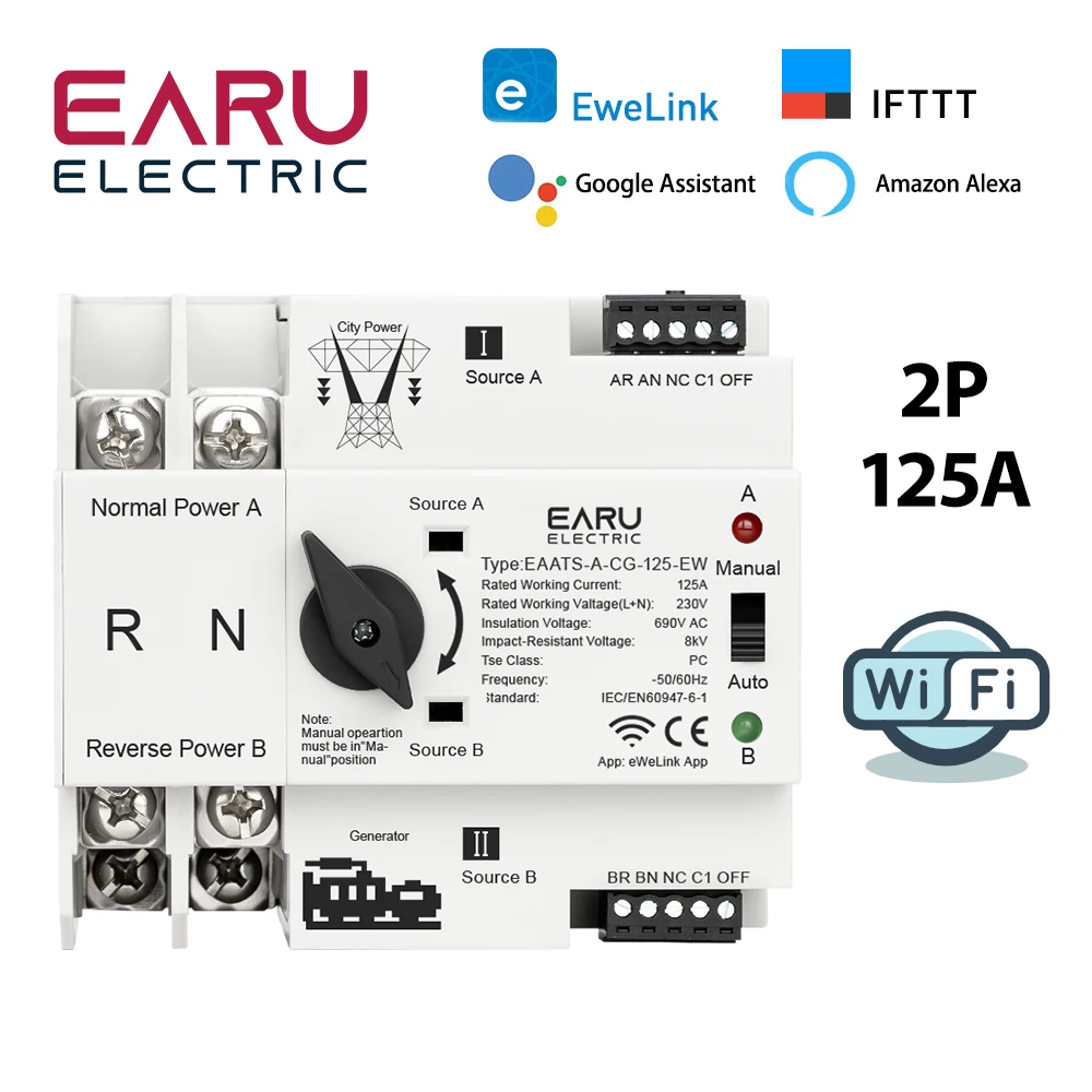 eWeLink WiFi Smart Remote Control 2P 125A AC 230V ATS Dual Power Automatic Transfer Electrical Selector Switch Uninterrupted