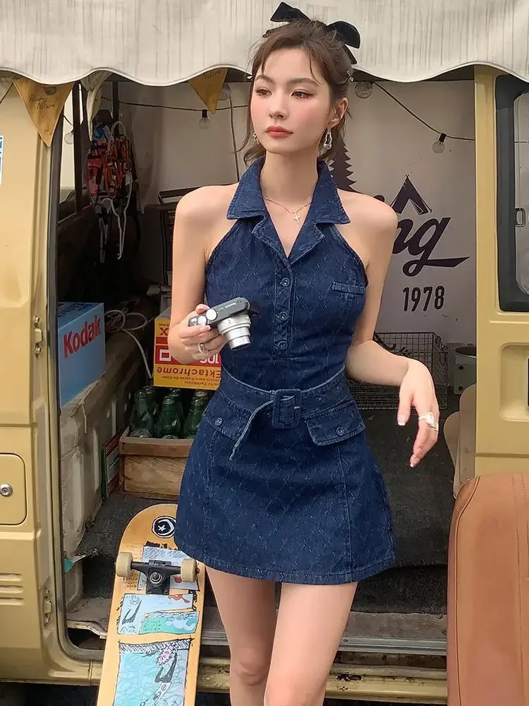 

Vintage Blue Turn-down Collar Off Shoulder Button Denim Mini Dress Women Y2k Sleeveless High Waist A-line Jeans Short Dress New