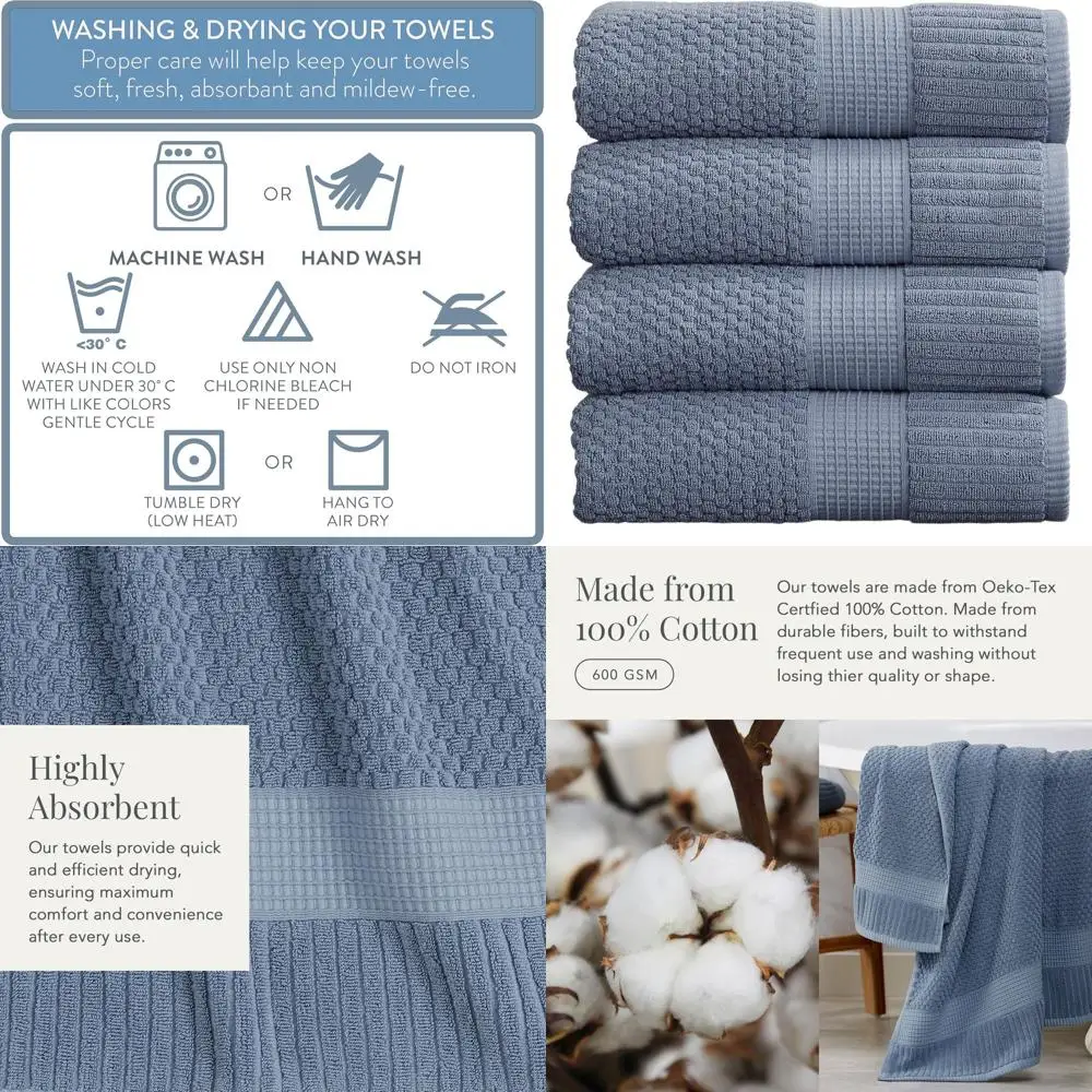 

Набор из 4 хлопковых банных полотенец | Синий | Сертифицировано Oeko-TEX | Мягкие, впитывающие и быстросохнущие | 30 на 52 | Коллекция камней