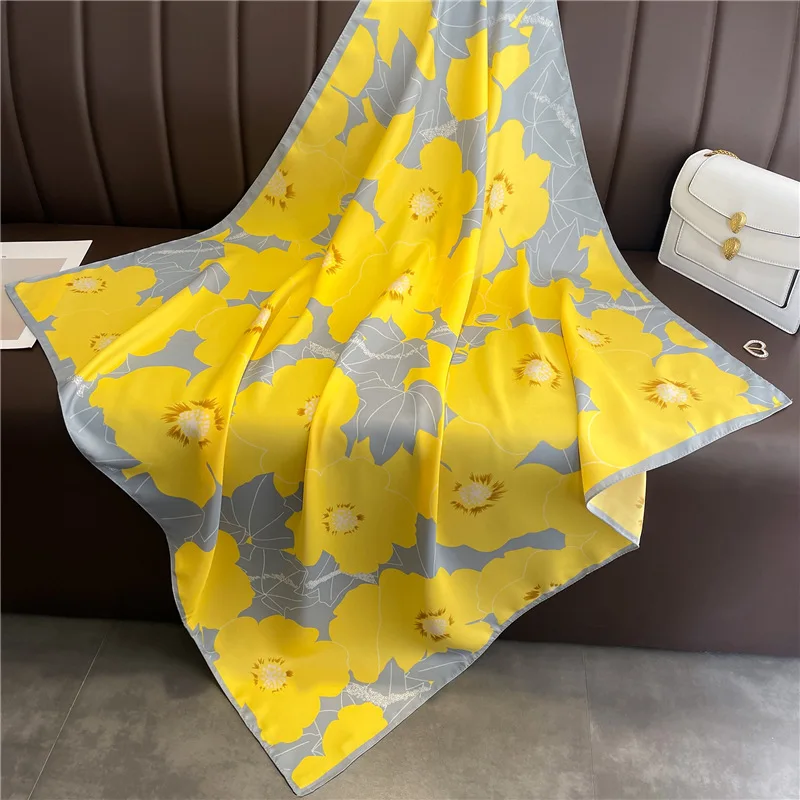 90*90Cm Zijden Sjaal Vrouwen Populaire Print Foulard Satijn Vierkante Kop Hijab Luxe Merk Sjaal Bandanna Vrouwelijke Uitlaat Chiffen Wrap