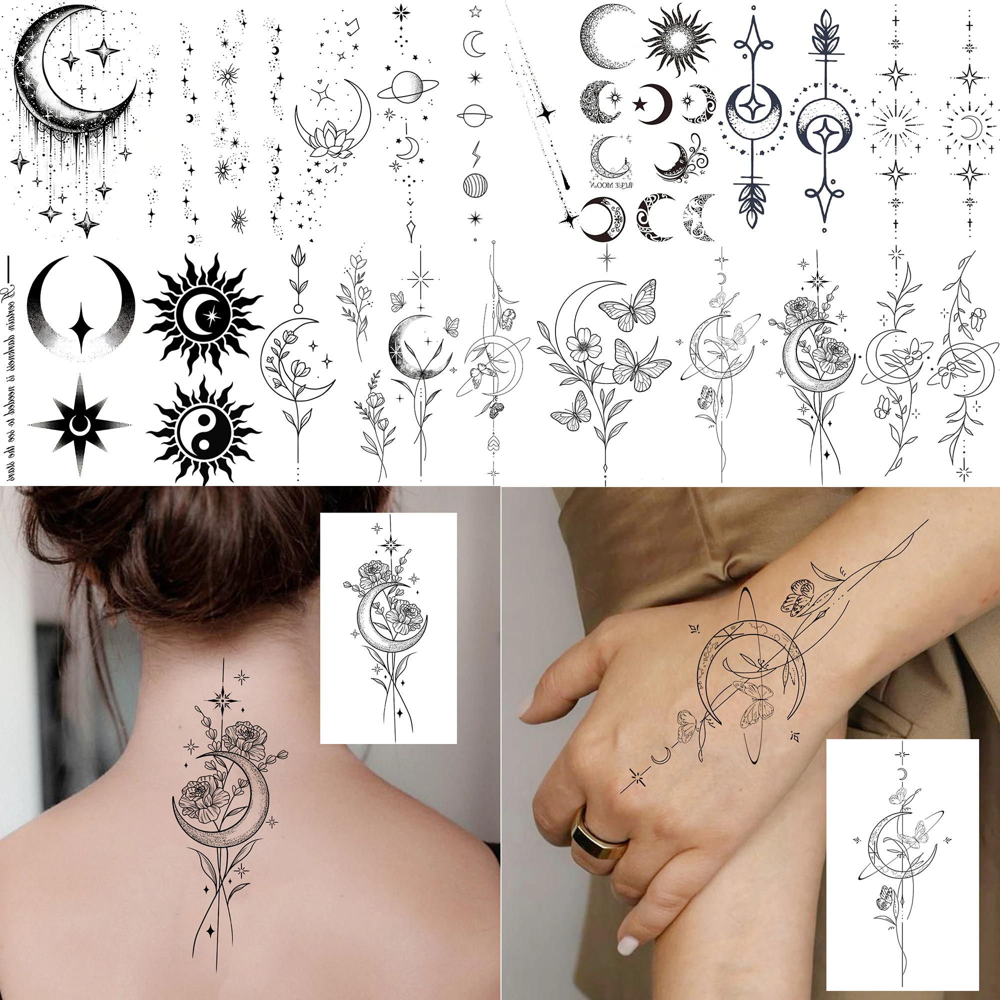 1 Sheet Crescent Flower Planet Temporary Tattoos For Women Hands Neck, Fake Tattoo Sticker Long Lasting Realistic Tatoo Body Art