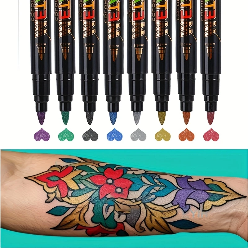 

Набор из 8 временных ручек для татуировки для рисования тела, полупостоянные татуировки, жидкие чернила для боди-арта, вечеринки и праздника