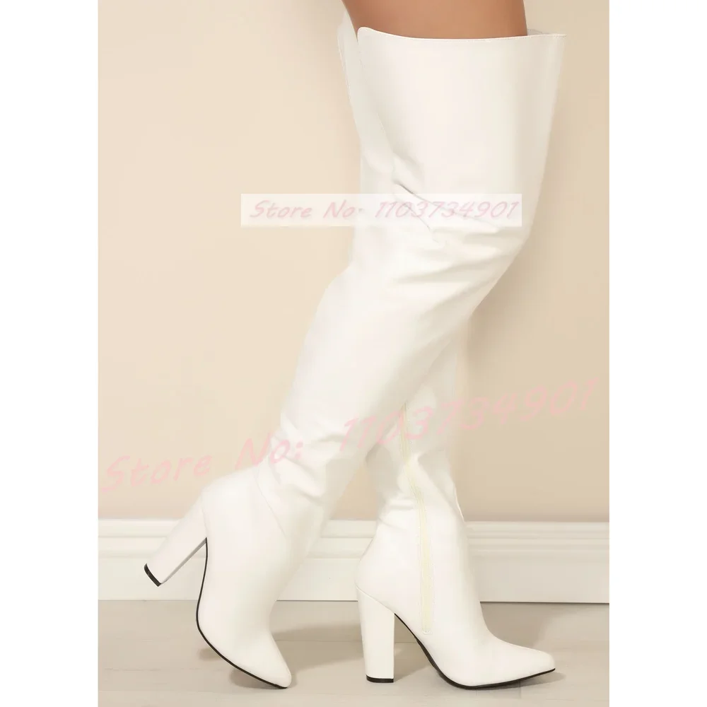 Faux Snake Print Chic Thigh-high Fit Boots Women Patent Leather Pointy Toe Zipper Block Heels Shoes Lady Trendy Party Slim Boots