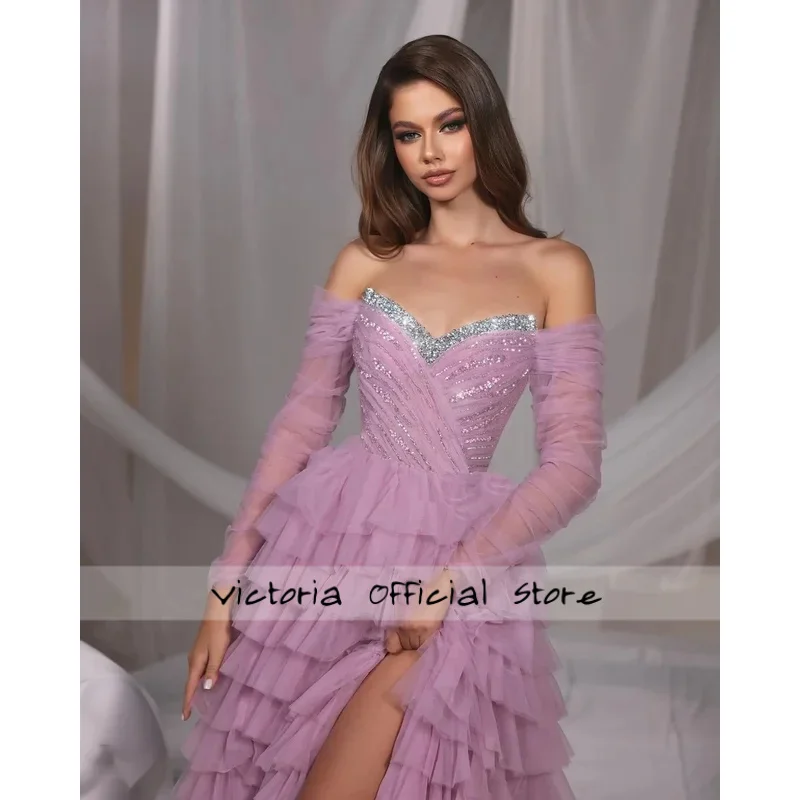 Bling Bling Rosa esponjoso para fiesta Formal con cuentas mangas transparentes vestidos largos divididos vestido de novia tul escalonado largo personalizado