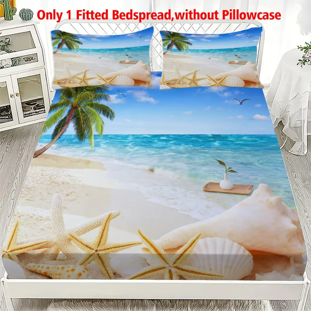 1pc Palm Tree, Starfish & Seashells Print Fitted Sheet Deep Pocket Elastic Mattress Cover Single Double Queen King Bedroom Decor