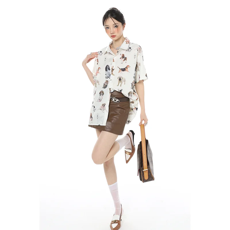

Womens Clothes White Shirt POLO Collar Animal Print American Fashion Leisure Vintage Loose Summer New Short Sleeve Cardigan Tops