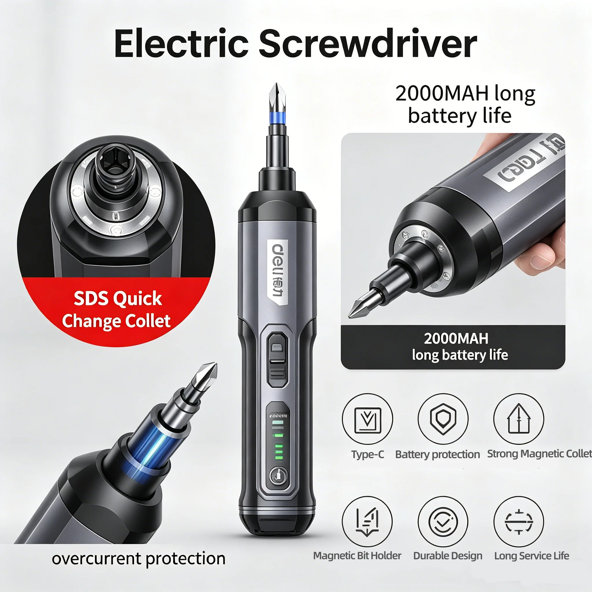 DELI Electric Screwdriver 4V 2000mAh 3 Speed Torque Adjustment Manual Automatic Dual Mode Power Screwdriver for Home Repair Kit