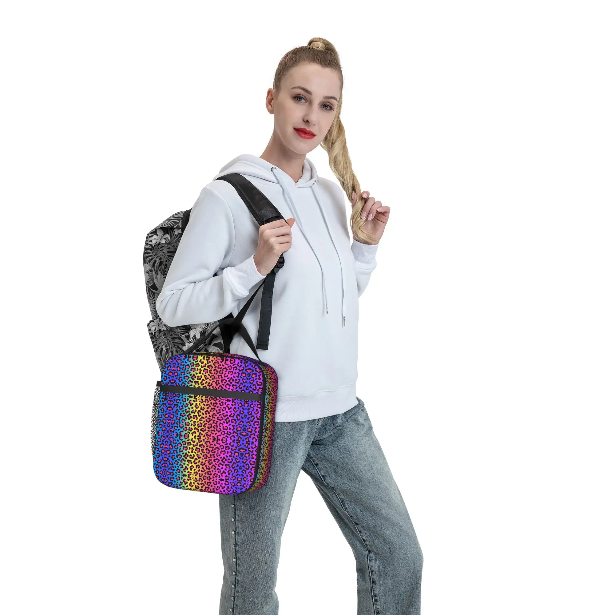 Rainbow Gradient Colorful Leopard Print Lunch Bag For Women  Print Lunch Box Cooler Bag Portable Insulated Thermal Lunch Bags