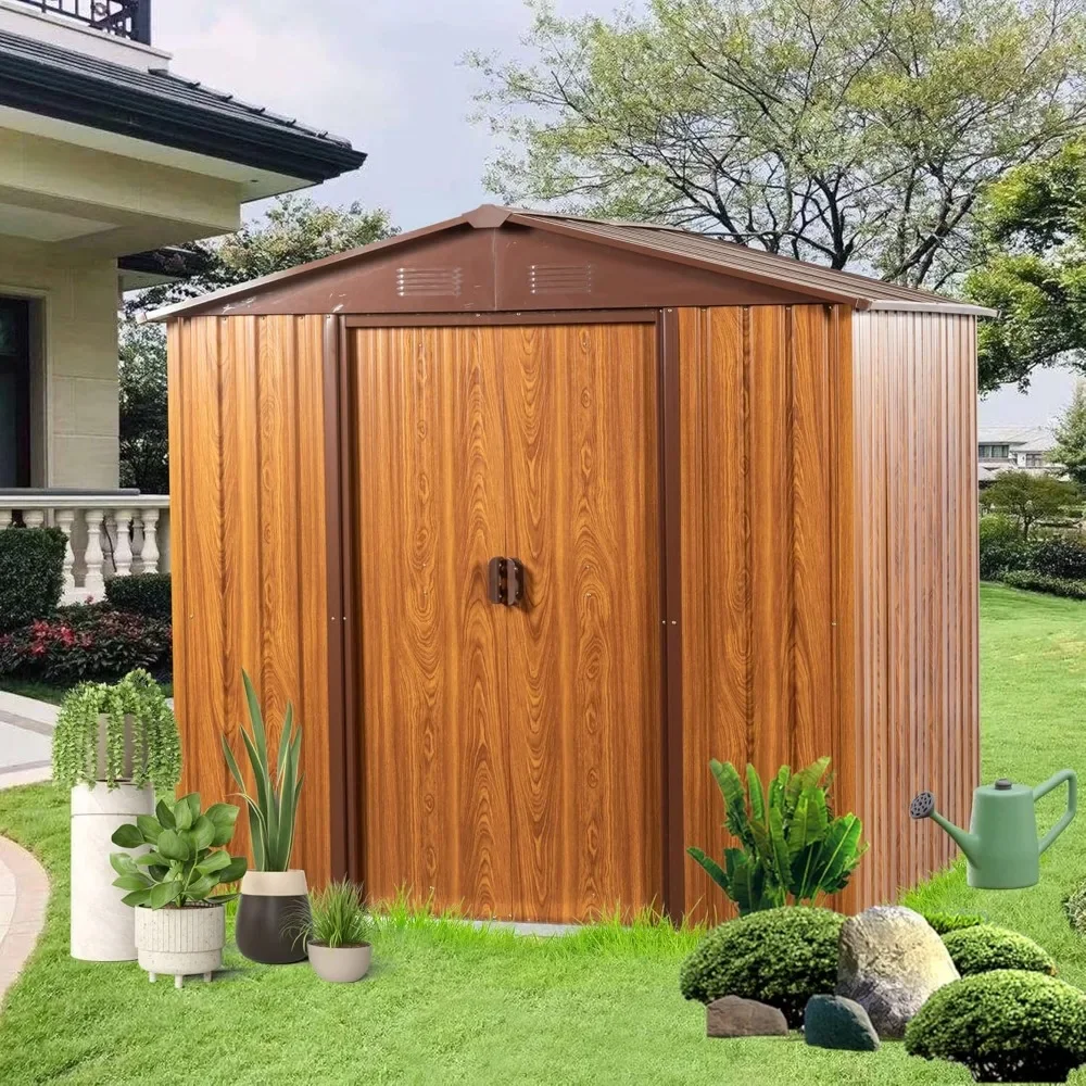 6 Ft. W X 6 Ft. D Metal Storage Shed Appealing Horizontal siding in Woodgrain with Coffee Trim to complement