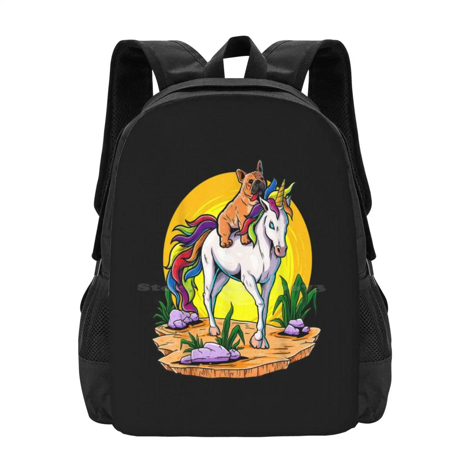 French Bulldog Riding Unicorn Kids Girls Sunset Frenchie Dog Pattern Design Bag Student'S Backpack French Bulldog Riding