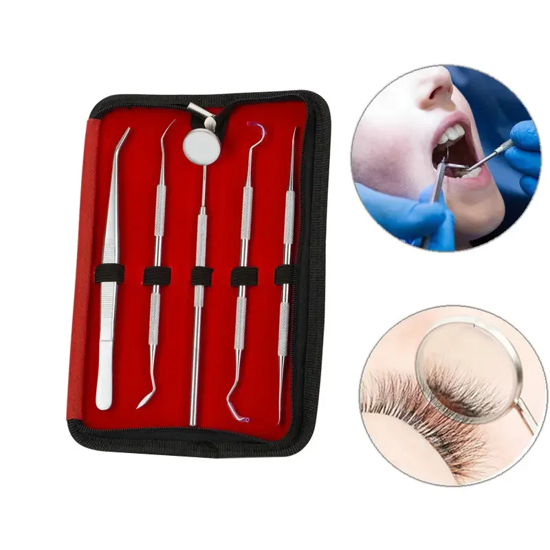 

5Pcs Dental Mirror Stainless Steel Prepared Tool Set With Storage Box Probe Tooth Care Kit Tweezer Hoe Sickle