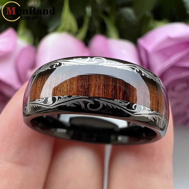 MenBand Vintage 8MM Leaf Veins Black Men Women Tungsten Carbide Wedding Band Ring Koa And Dark Red Wood Inlay Dome Comfort Fit