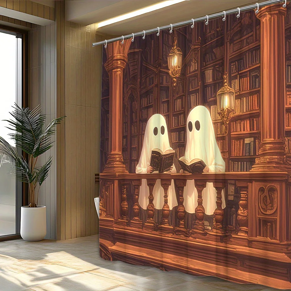 Spooky Ghost Reading Books Library Shower Curtain Haunted Gothic Friends Bathroom Decor Cute Mysterious Literary Bookworm Curtai