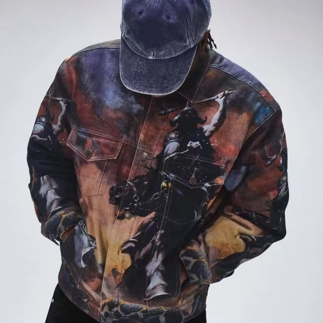 

Original Printed High-quality Knight Denim Jacket for Men New High Quality Loose Coat New
