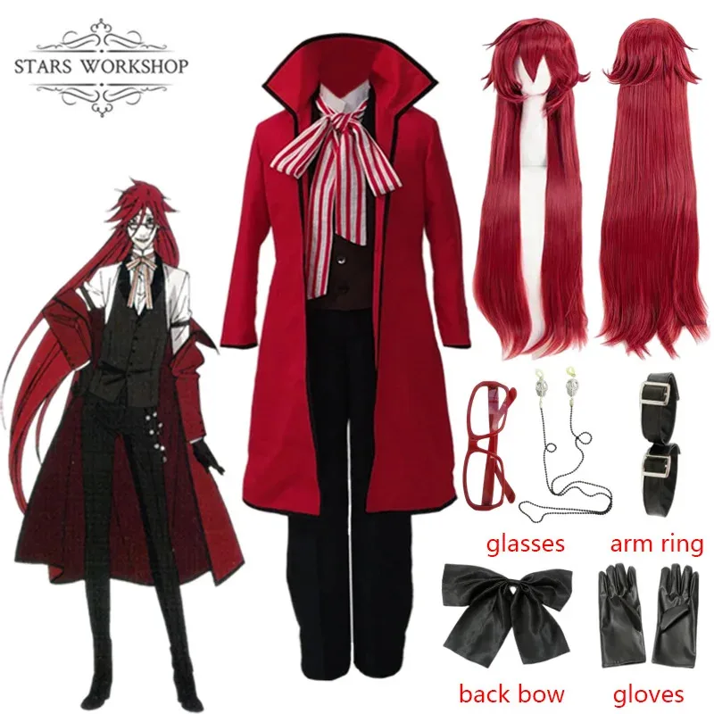 qq681Anime Black Butler Death Shinigami Grell Sutcliff disfraces Cosplay mujeres hombres gabardina roja abrigo largo chaqueta Halloween carnaval