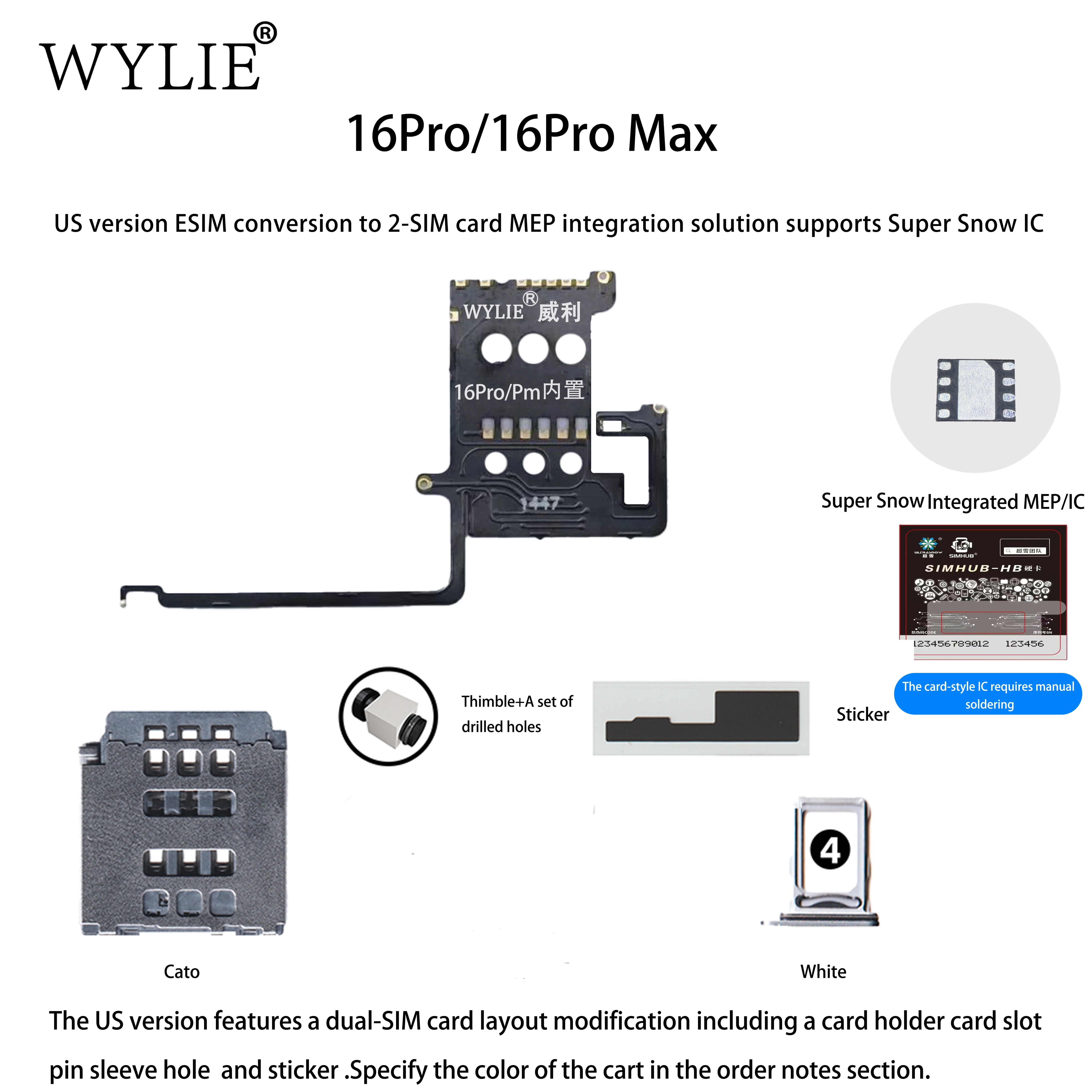 Wylie E-SIM Conversion To 2-SIM Card MEP Integration Solution Supports Super Snow IC For iPhone 16 Pro / 16 Pro Max US Version