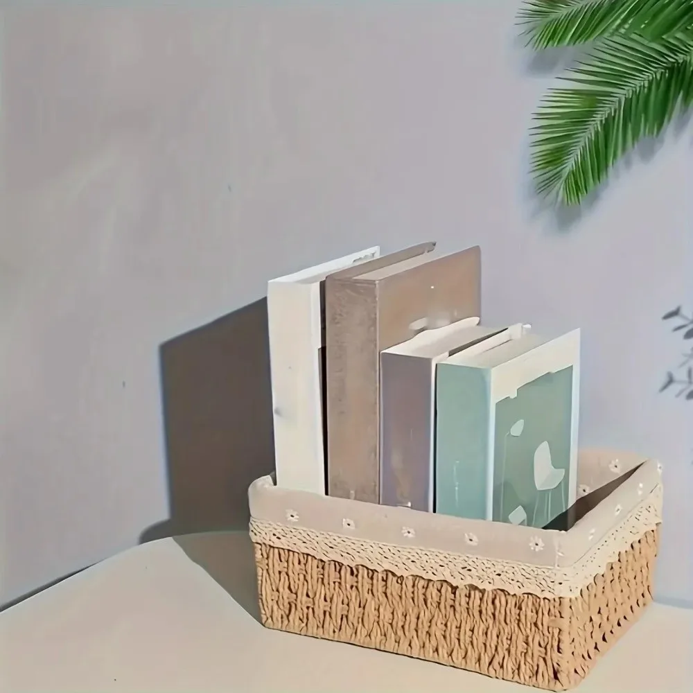 With Removable Lace Lining Woven Storage Basket Rectangle Shape Large Capacity Desktop Sundries Organizer Multifunctional