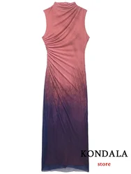 KONDALA Vintage Chic Women Dress Tie Dye Sleeveless Zipper Slim Midi Vestidos Fashion 2024 Holiday Sheath Dress