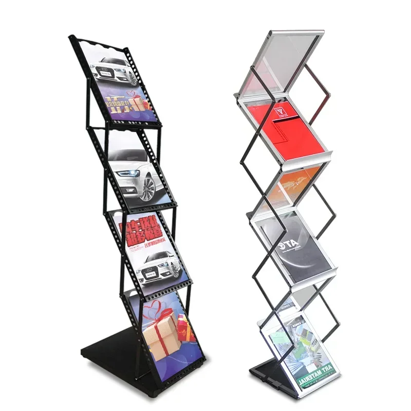 Aluminum Alloy Folding Magazine Rack Acrylic Exhibition Bookshelf Newspaper Storage Cabinet Office Modern Bookcase Easy Assembly