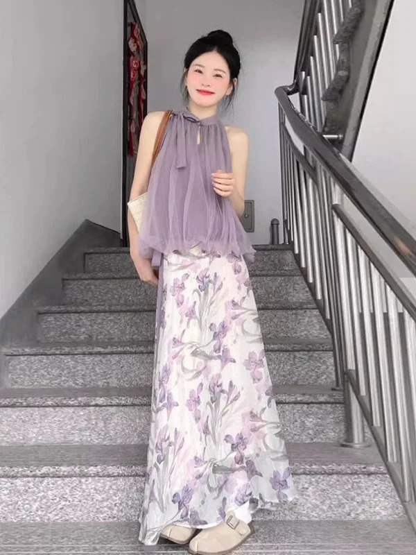

Beautiful Purple Floral Print Dress Two Piece Set Women's Fashion Summer 2025 round Neckline Age-Defying Korean Style