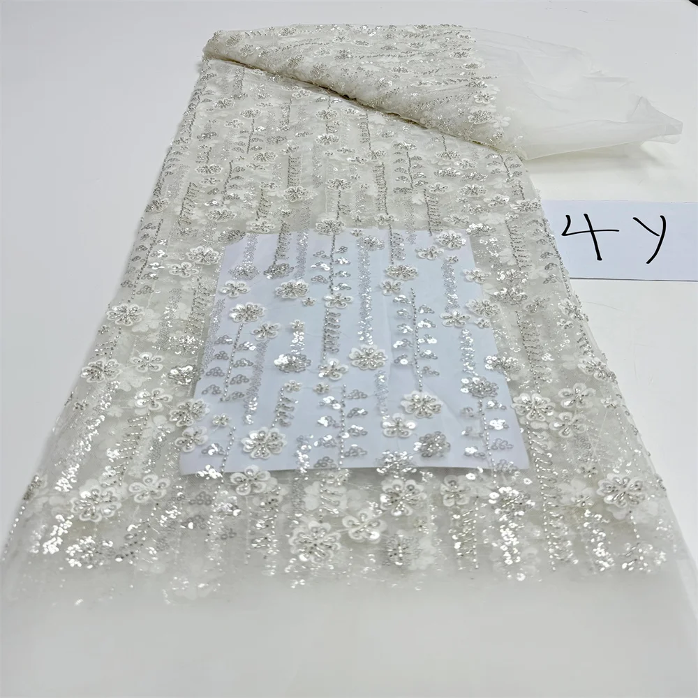 ผ้าลูกไม้ตาข่ายประดับลูกปัดแบบฝรั่งเศส ผ้าลูกไม้ปักเลื่อมคุณภาพสูงสำหรับชุดแต่งงานผู้หญิง 4 หลา