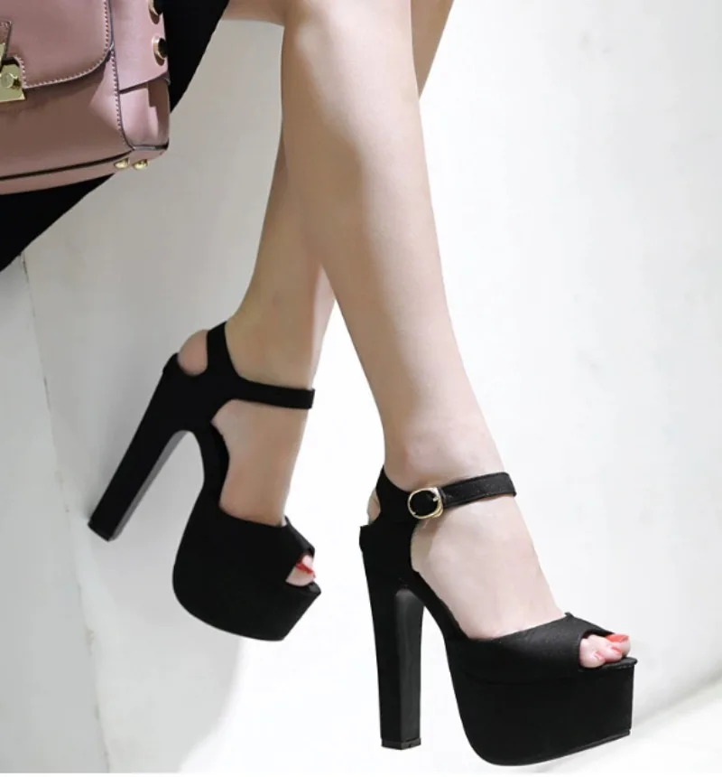 Fashion Women Ankle Strap Sandals Casual Flock Buckle Strap Thin Heels 15CM Open Toed High Heels Women Sandals Discount Pumps