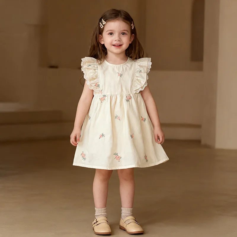 

Summer New Girls' Dress Embroidered Flutter Sleeve Children's Vest Dress Stylish Baby Girl Princess Dress