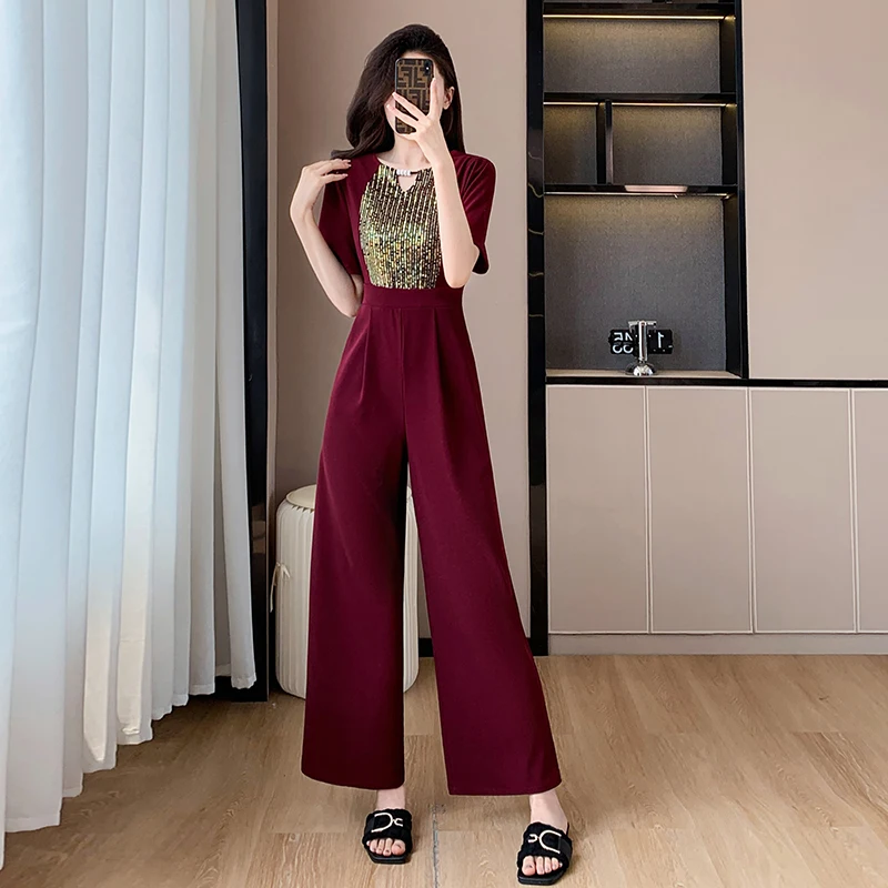 High Quality Fashion Summer High Waist Slim Jumpsuit New Elegant Women O Neck Purple Sequin Patchwork Elastic Wide Leg Jumpsuit