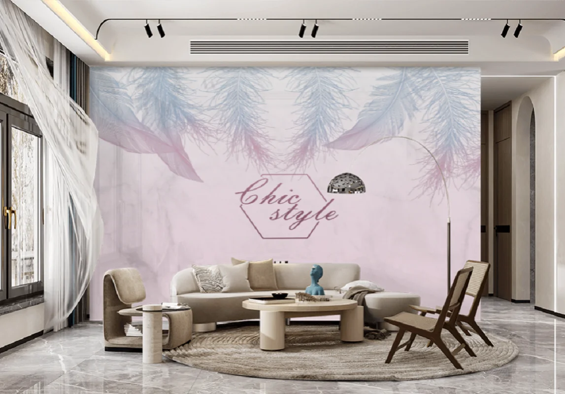 

Customized Mural Wallpaper Wall Cloth Pink Feather Background Wall