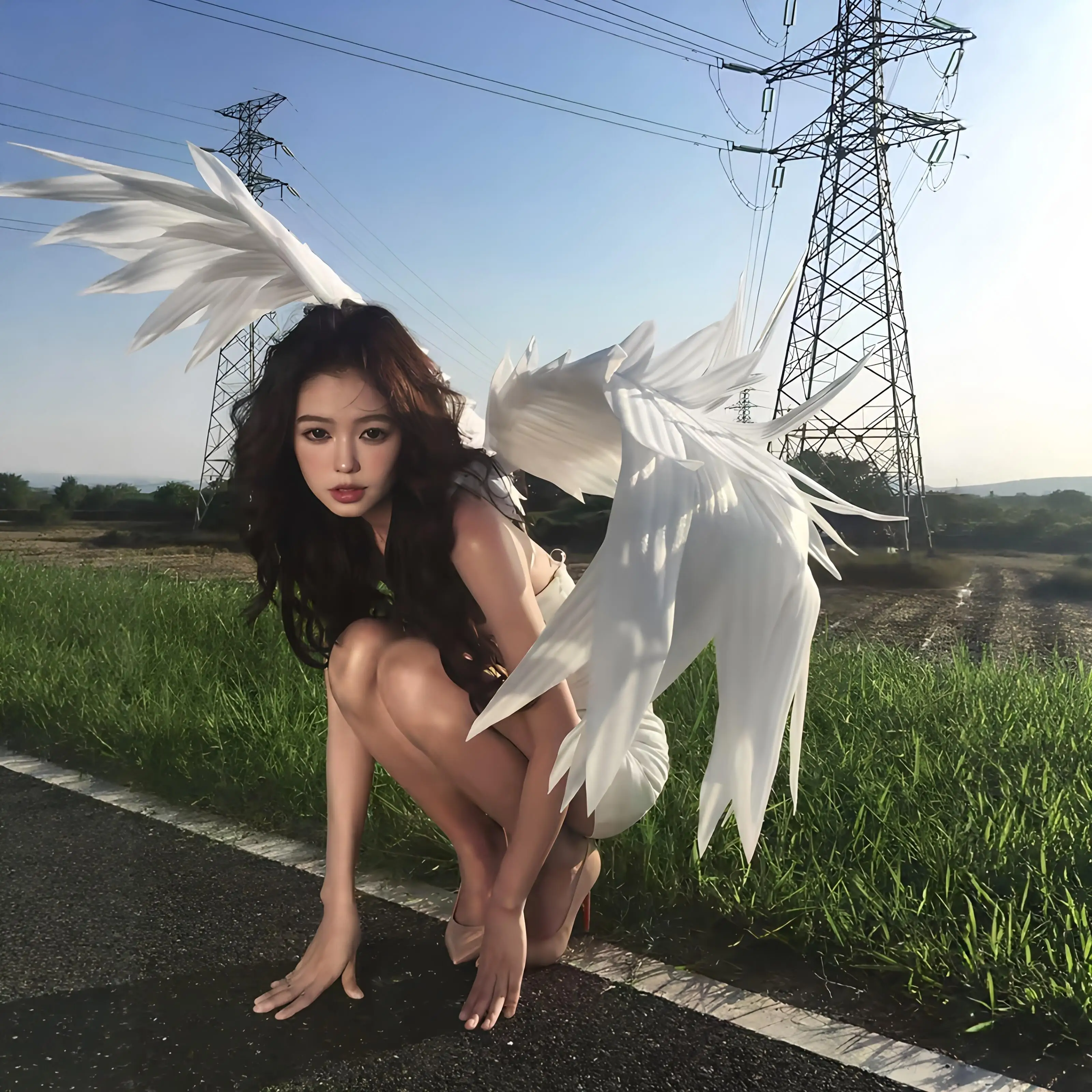 Moving Angel Wings White Feather Backpack Cosplay Outdoor Atmosphere Decor